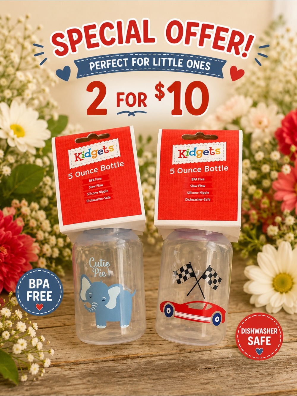 🩷. 8021.  Kidgets 5 oz Baby Bottles Set of 2 – Elephant & Race Car Designs
